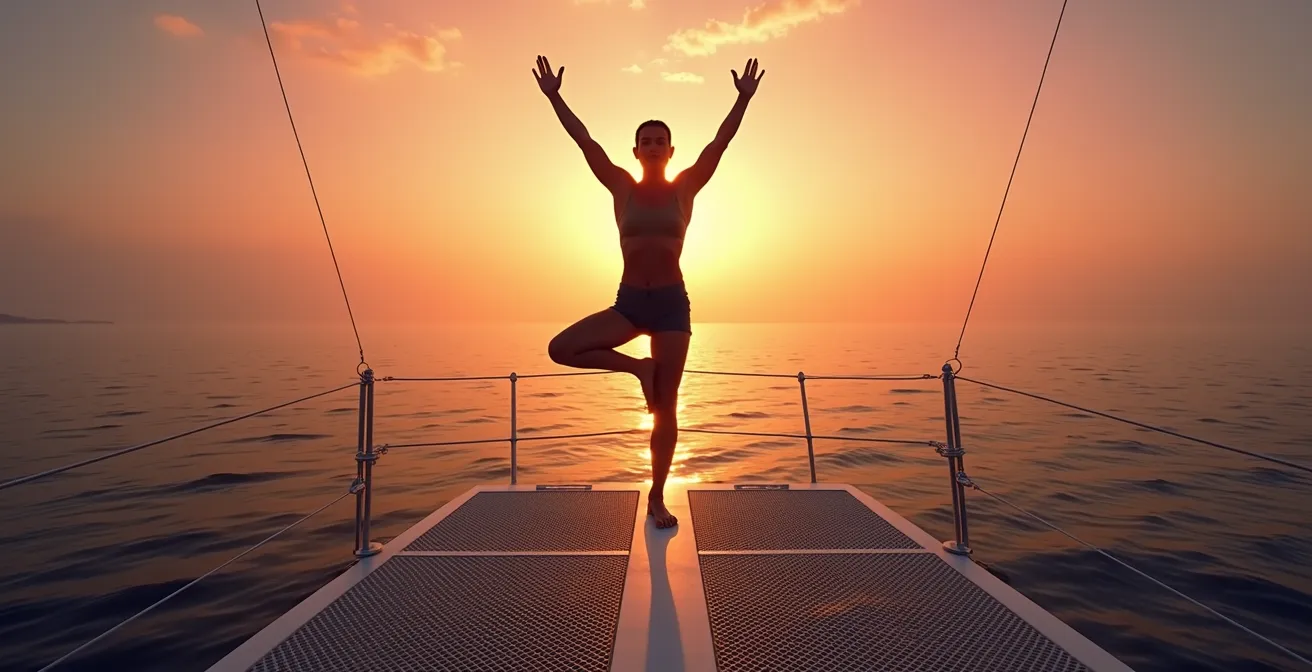 Personne pratiquant le yoga sur le trampoline avant d'un catamaran au lever du soleil