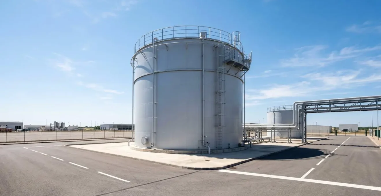 Cuve de stockage métallique installée en extérieur sous un soleil intense sur un site industriel, avec ombres portées visibles