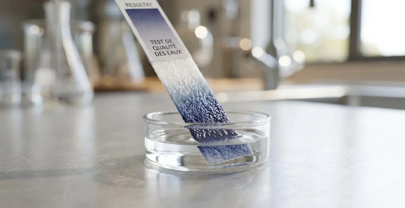 Gros plan macro d'une bandelette de test plongée dans un échantillon de liquide transparent sur une surface industrielle