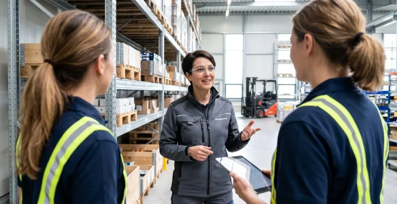 Un responsable logistique et un chauffeur poids lourd vus de profil discutent près d'une installation de stockage sur un site industriel moderne
