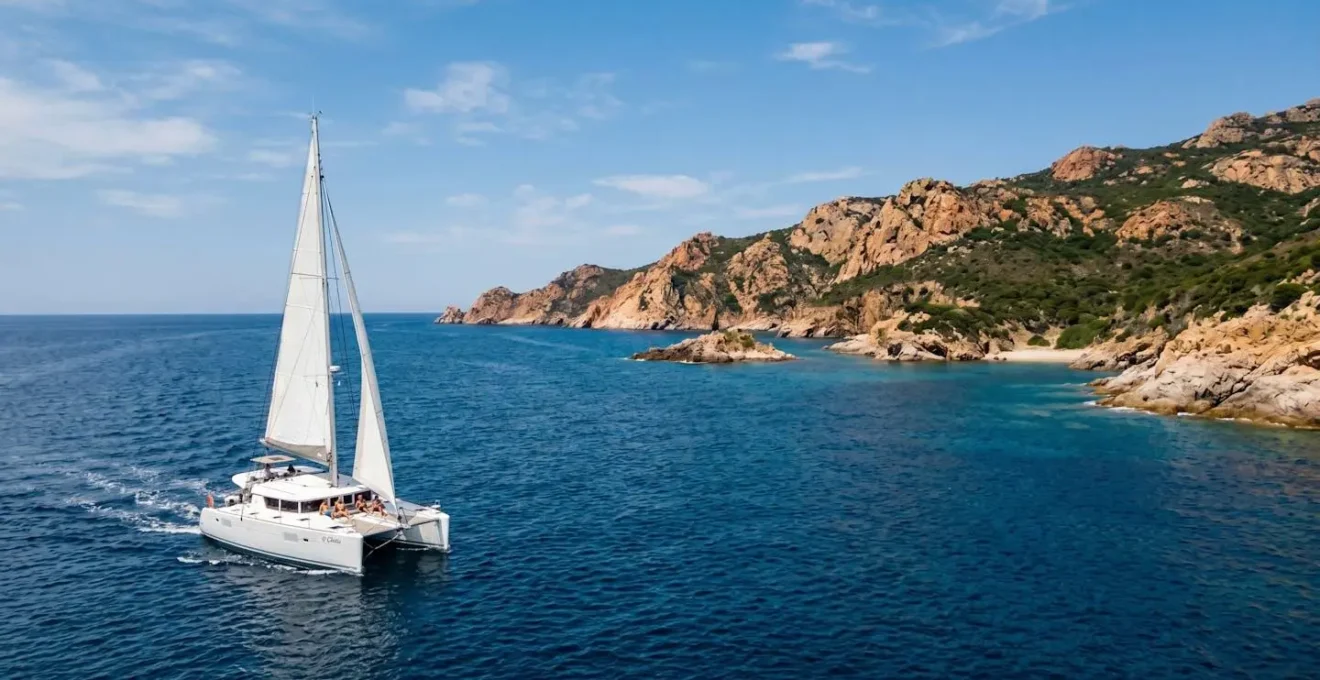 Catamaran blanc naviguant sur une mer méditerranéenne bleu profond avec le littoral corse en arrière-plan, vue aérienne en plein été