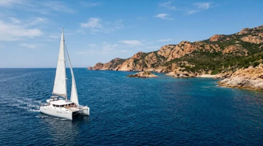 Catamaran blanc naviguant sur une mer méditerranéenne bleu profond avec le littoral corse en arrière-plan, vue aérienne en plein été