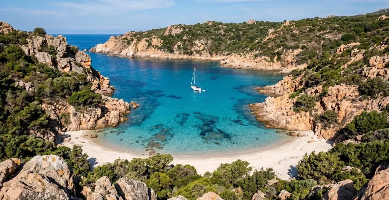 Crique corse sauvage aux eaux turquoise cristallines bordée de rochers granitiques roses et de maquis, avec un voilier au mouillage