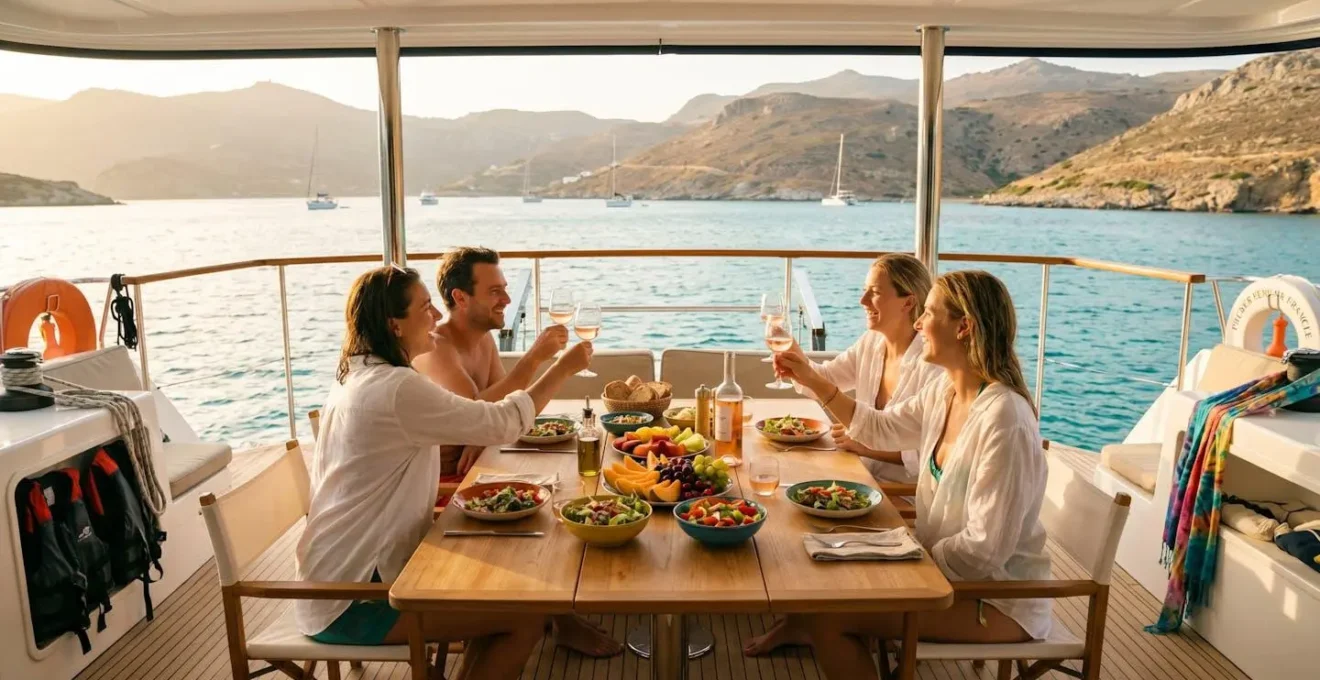 Pont arrière de catamaran au mouillage avec table dressée pour repas convivial, personnes en tenues estivales et vue sur mer turquoise