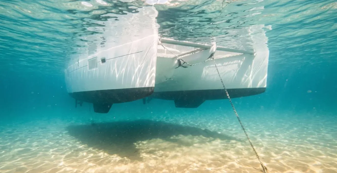 Vue sous-marine des deux coques d'un catamaran au mouillage en eaux peu profondes cristallines, illustrant le faible tirant d'eau